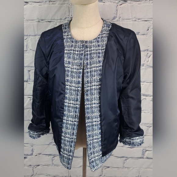 Robert Talbott Petite Women's Tweed Jacket Chambray Trim Blazer Navy Size 12P - Picture 15 of 16